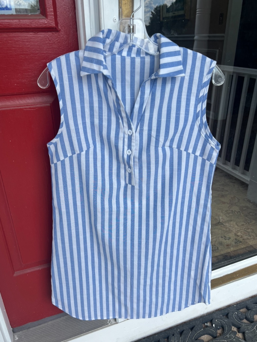 Blue & White Stripe Sleeveless Collared Mini Dress